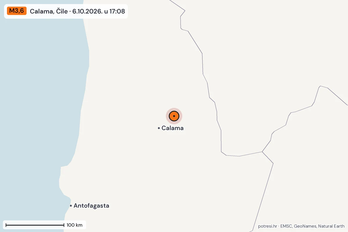 Karta: šire područje, 600 km, potres M3,6, Calama, Čile, 6.10.2026.