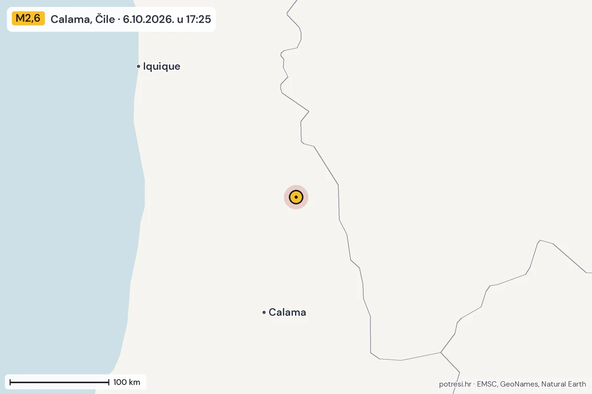 Karta: šire područje, 600 km, potres M2,6, Calama, Čile, 6.10.2026.