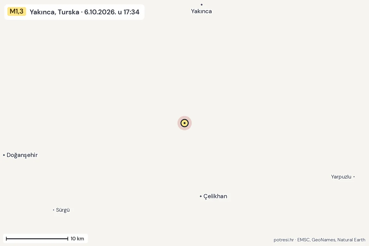 Karta: okolica epicentra, 60 km, potres M1,3, Yakınca, Turska, 6.10.2026.
