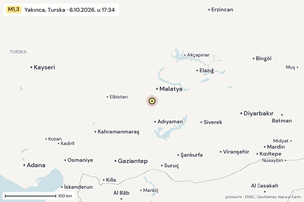Karta: šire područje, 600 km, potres M1,3, Yakınca, Turska, 6.10.2026.