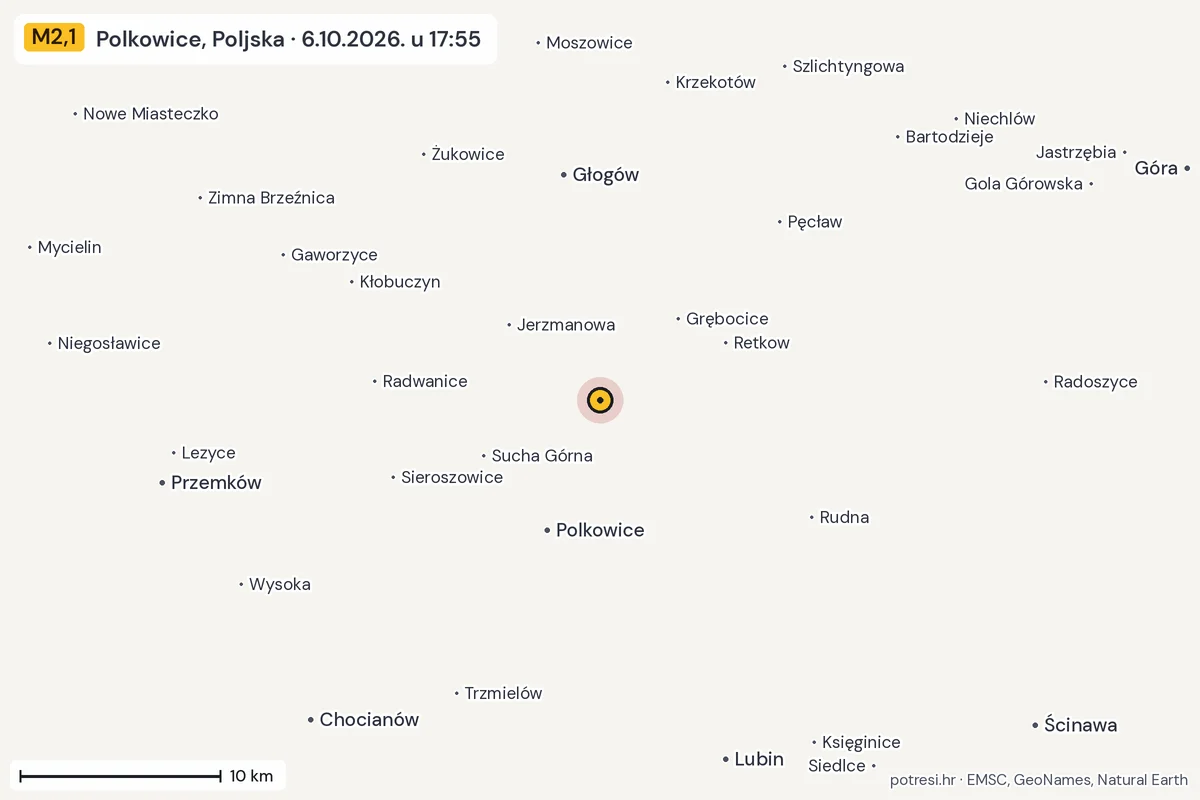 Karta: okolica epicentra, 60 km, potres M2,1, Polkowice, Poljska, 6.10.2026.