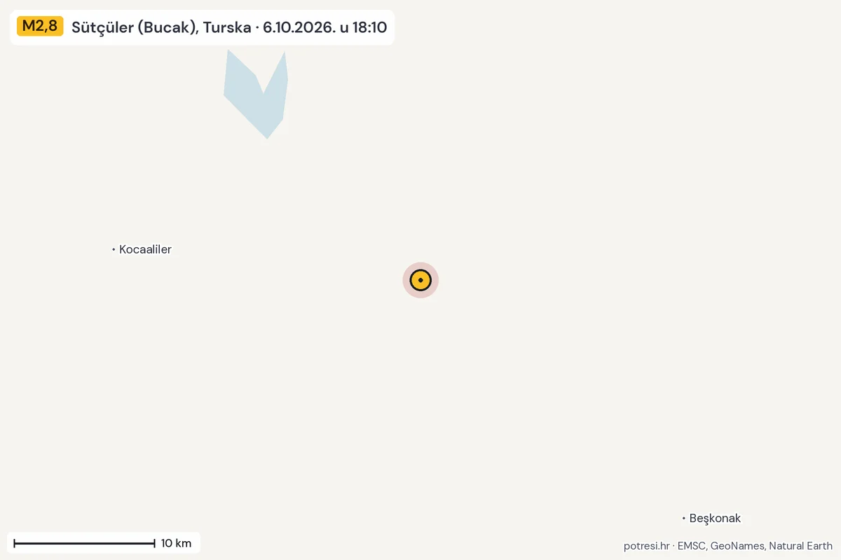 Karta: okolica epicentra, 60 km, potres M2,8, Sütçüler (Bucak), Turska, 6.10.2026.