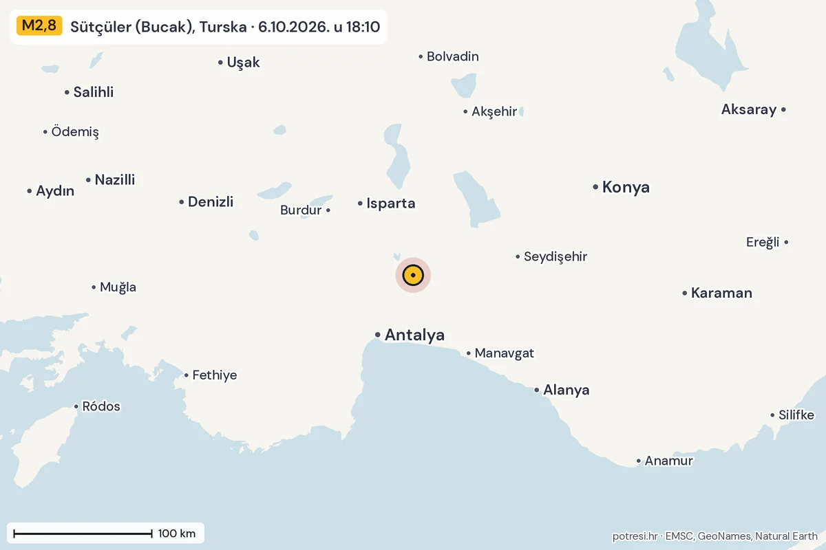 Karta: šire područje, 600 km, potres M2,8, Sütçüler (Bucak), Turska, 6.10.2026.