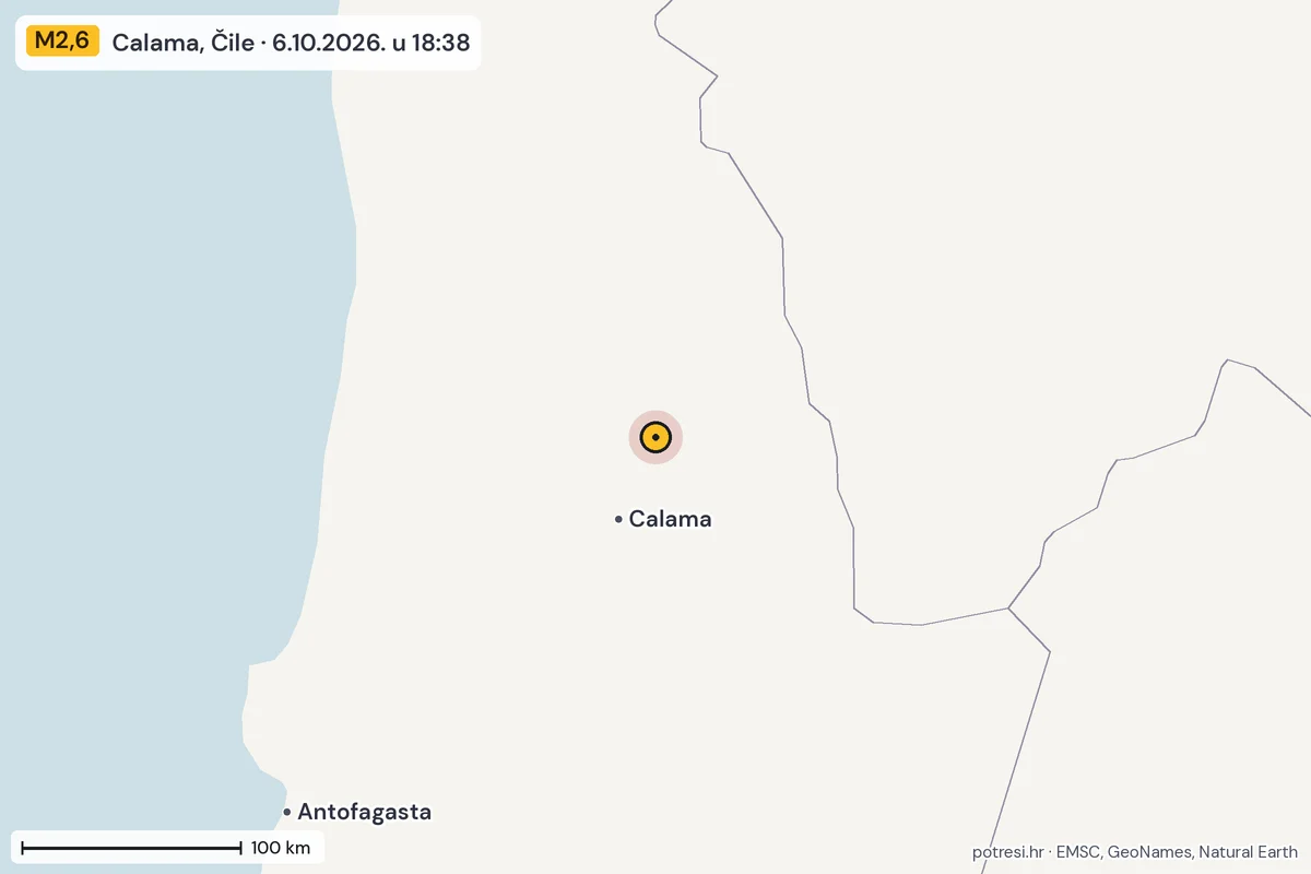 Karta: šire područje, 600 km, potres M2,6, Calama, Čile, 6.10.2026.