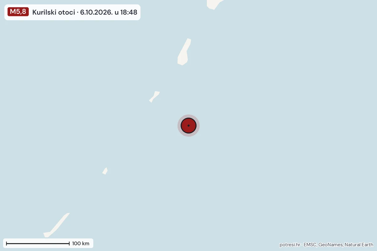 Karta: šire područje, 600 km, potres M5,8, Kurilski otoci, 6.10.2026.