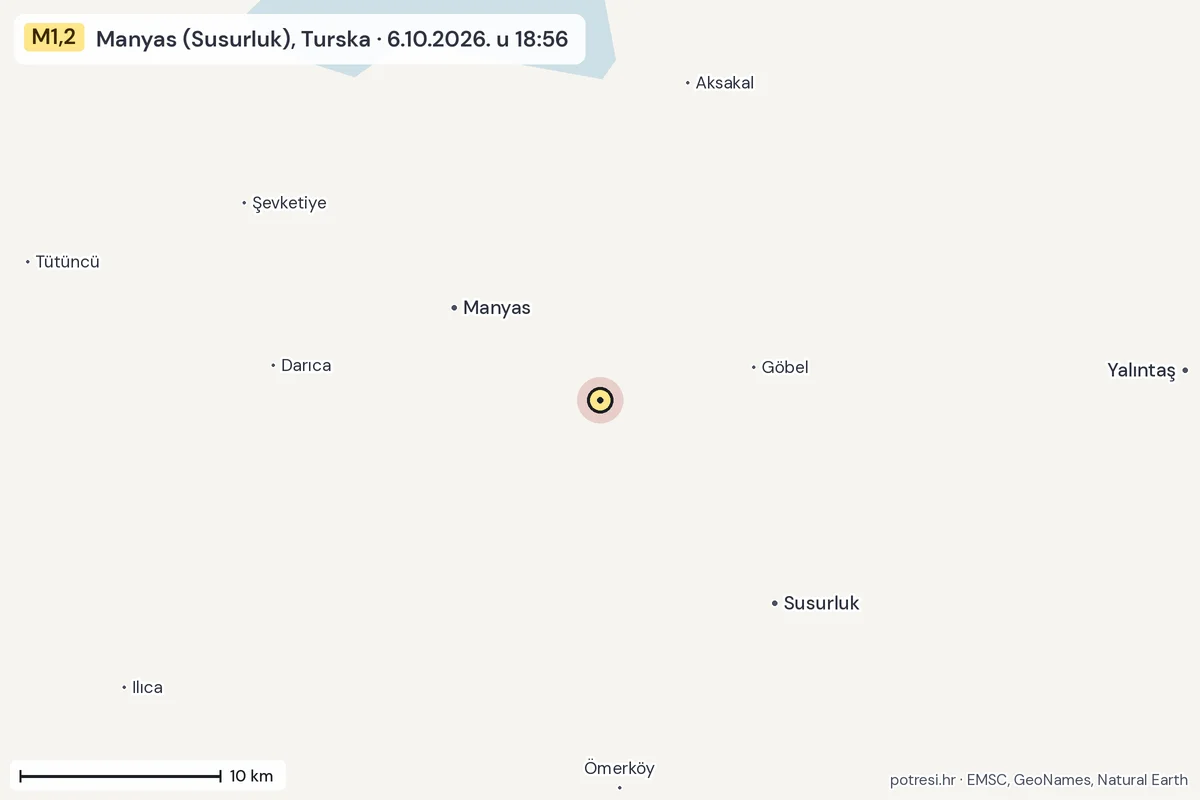 Karta: okolica epicentra, 60 km, potres M1,2, Manyas (Susurluk), Turska, 6.10.2026.