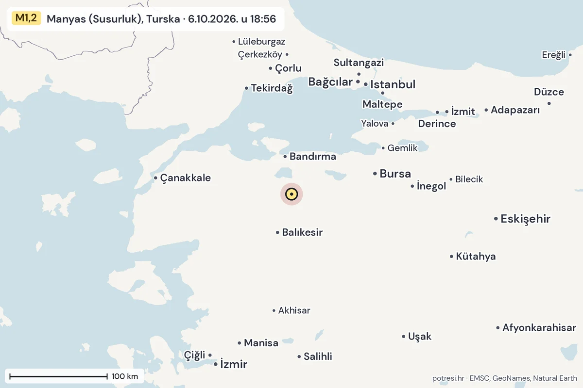 Karta: šire područje, 600 km, potres M1,2, Manyas (Susurluk), Turska, 6.10.2026.