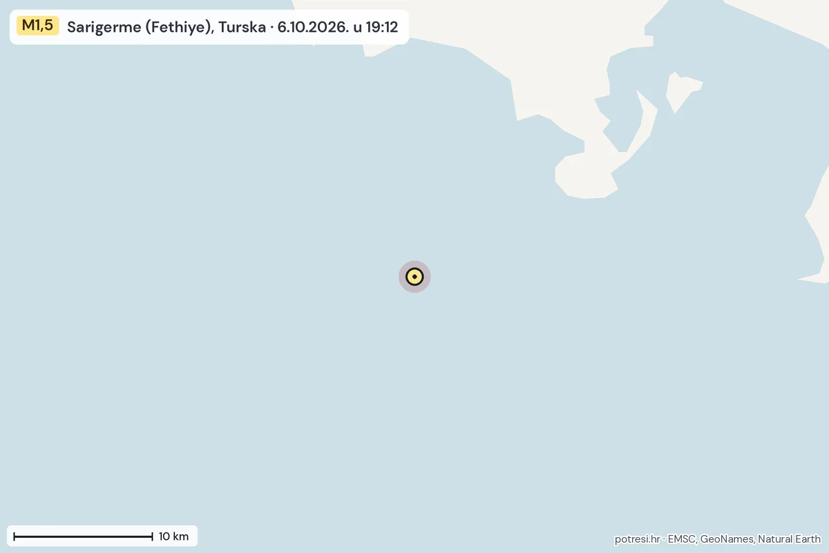 Karta: okolica epicentra, 60 km, potres M1,5, Sarigerme (Fethiye), Turska, 6.10.2026.