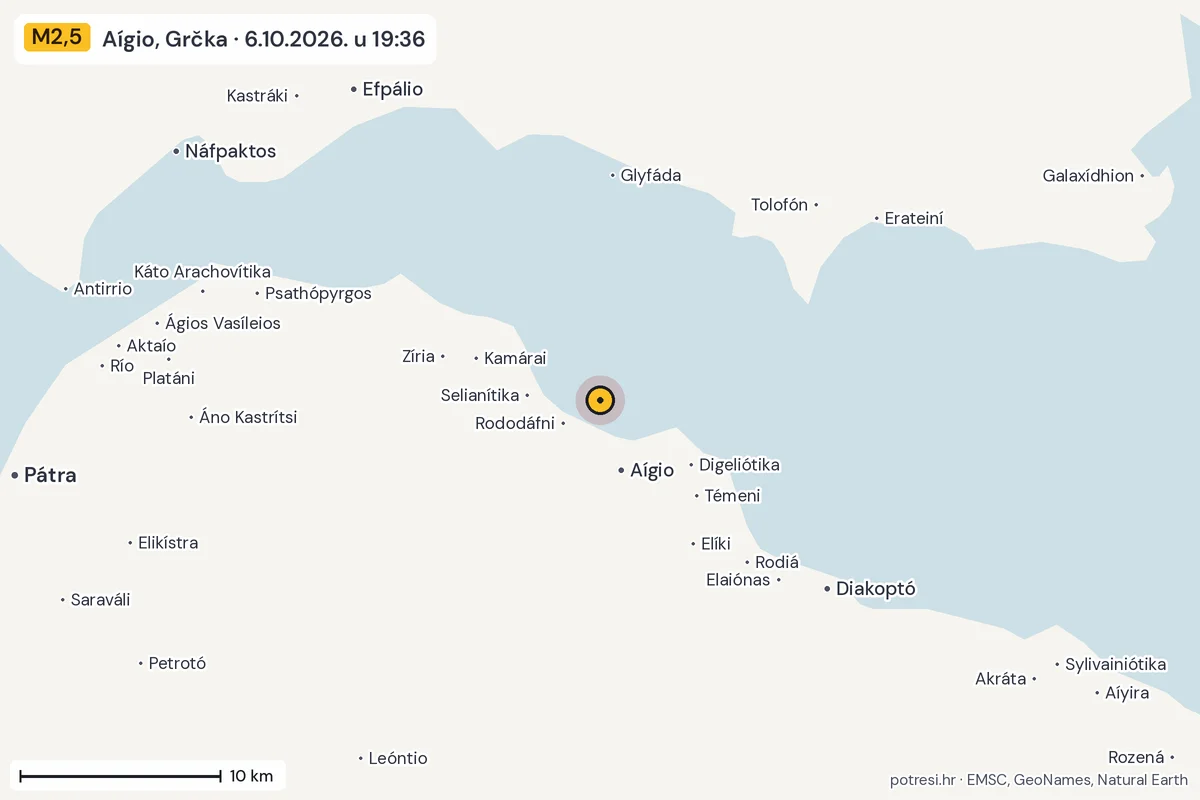 Karta: okolica epicentra, 60 km, potres M2,5, Aígio, Grčka, 6.10.2026.