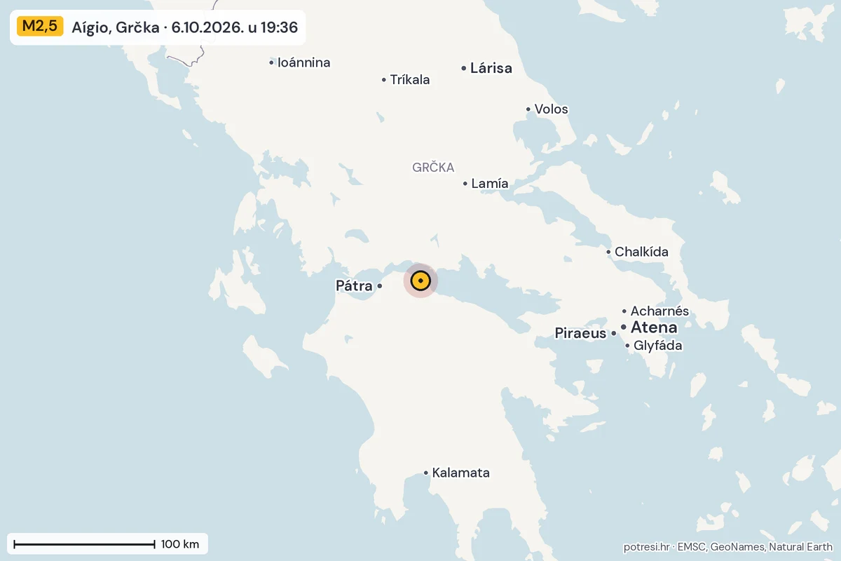 Karta: šire područje, 600 km, potres M2,5, Aígio, Grčka, 6.10.2026.