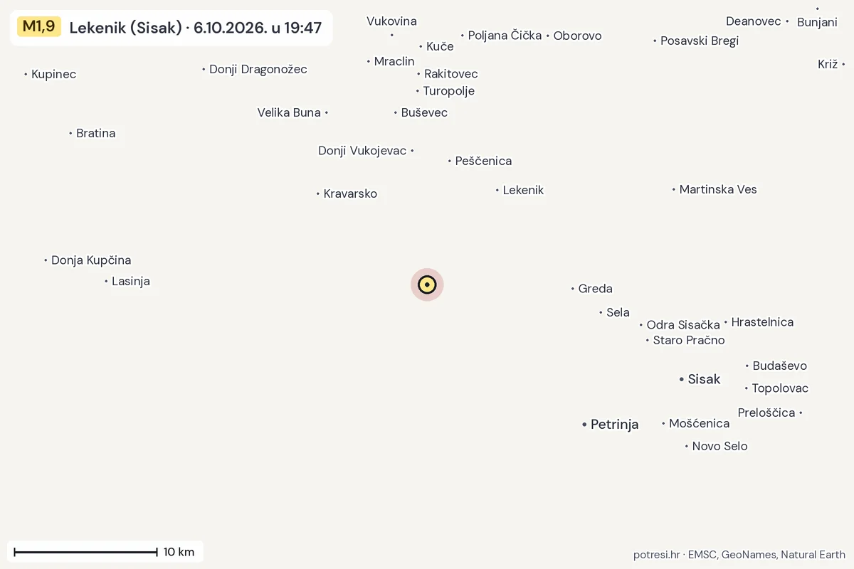 Karta: okolica epicentra, 60 km, potres M1,9, Lekenik (Sisak), 6.10.2026.
