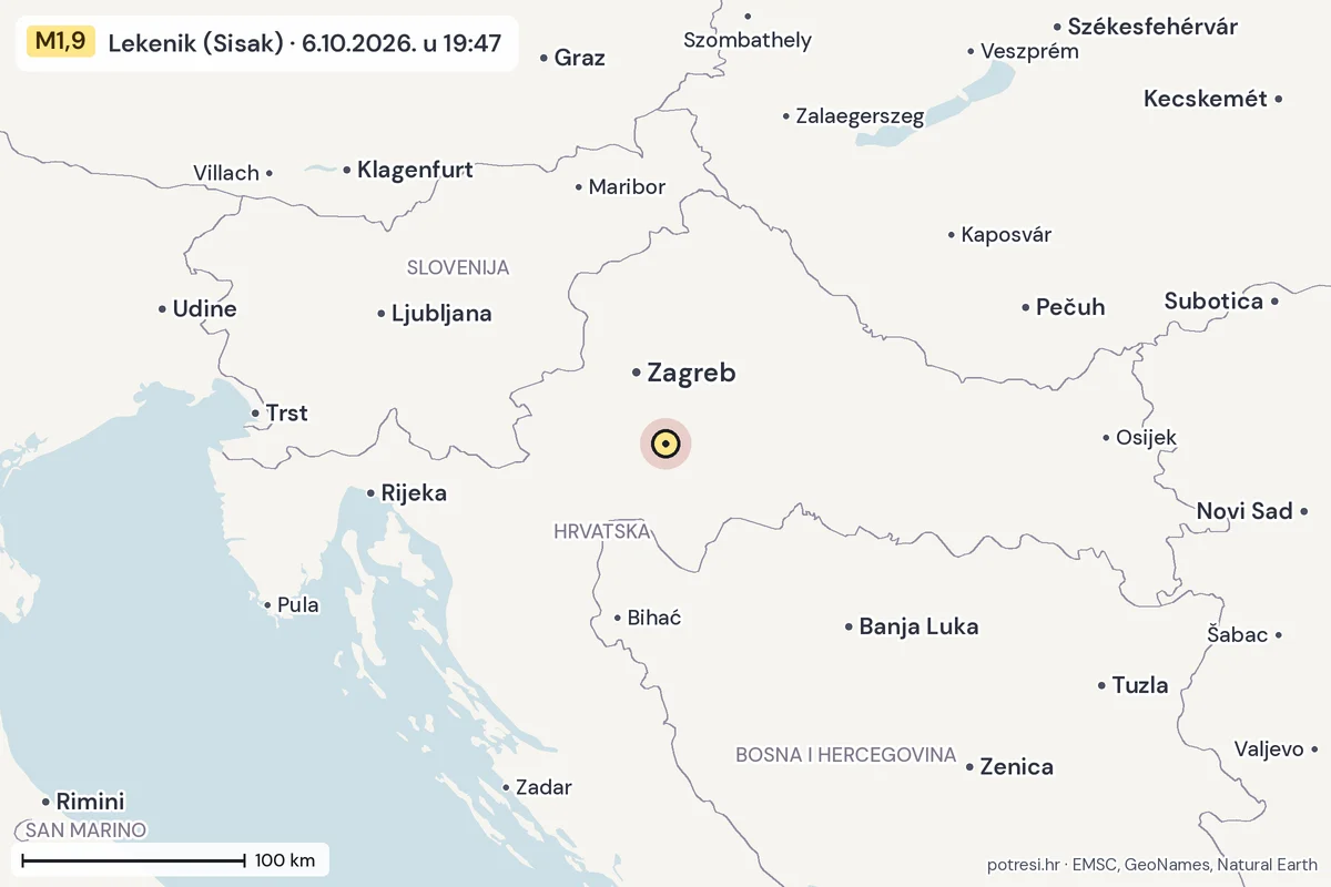 Karta: šire područje, 600 km, potres M1,9, Lekenik (Sisak), 6.10.2026.