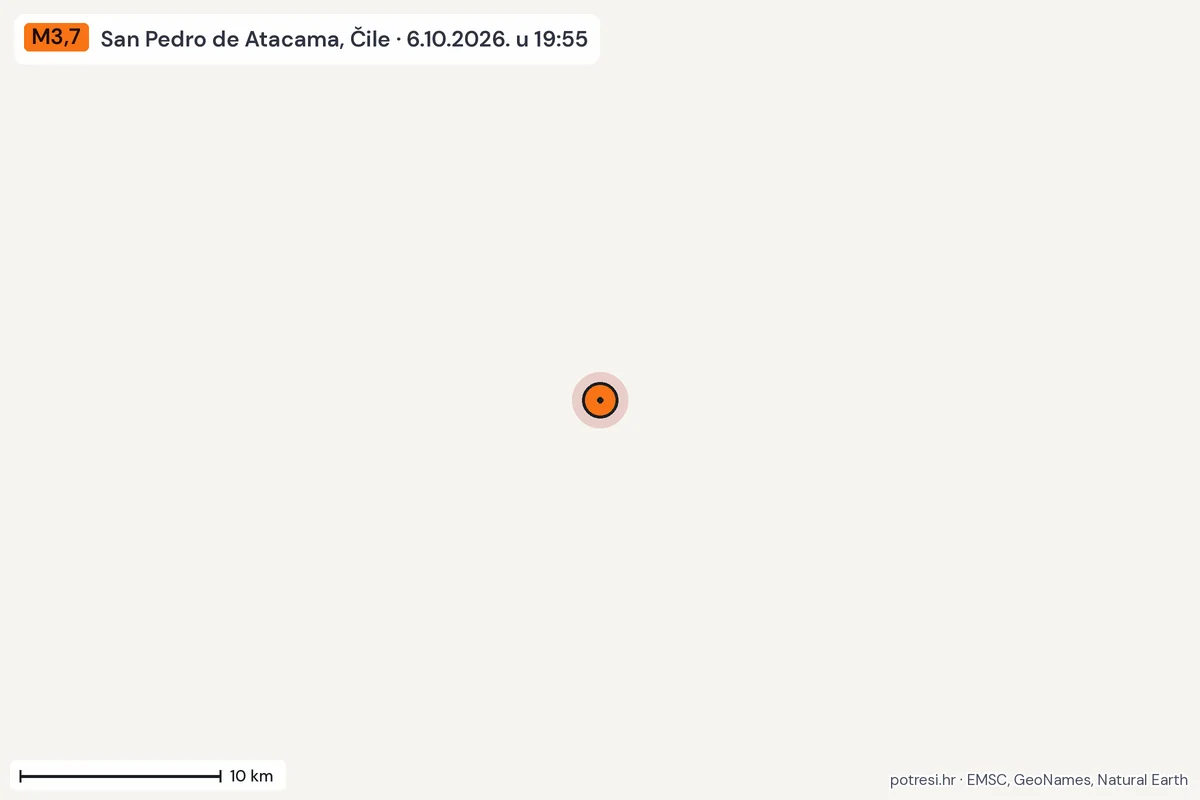 Karta: okolica epicentra, 60 km, potres M3,7, San Pedro de Atacama, Čile, 6.10.2026.