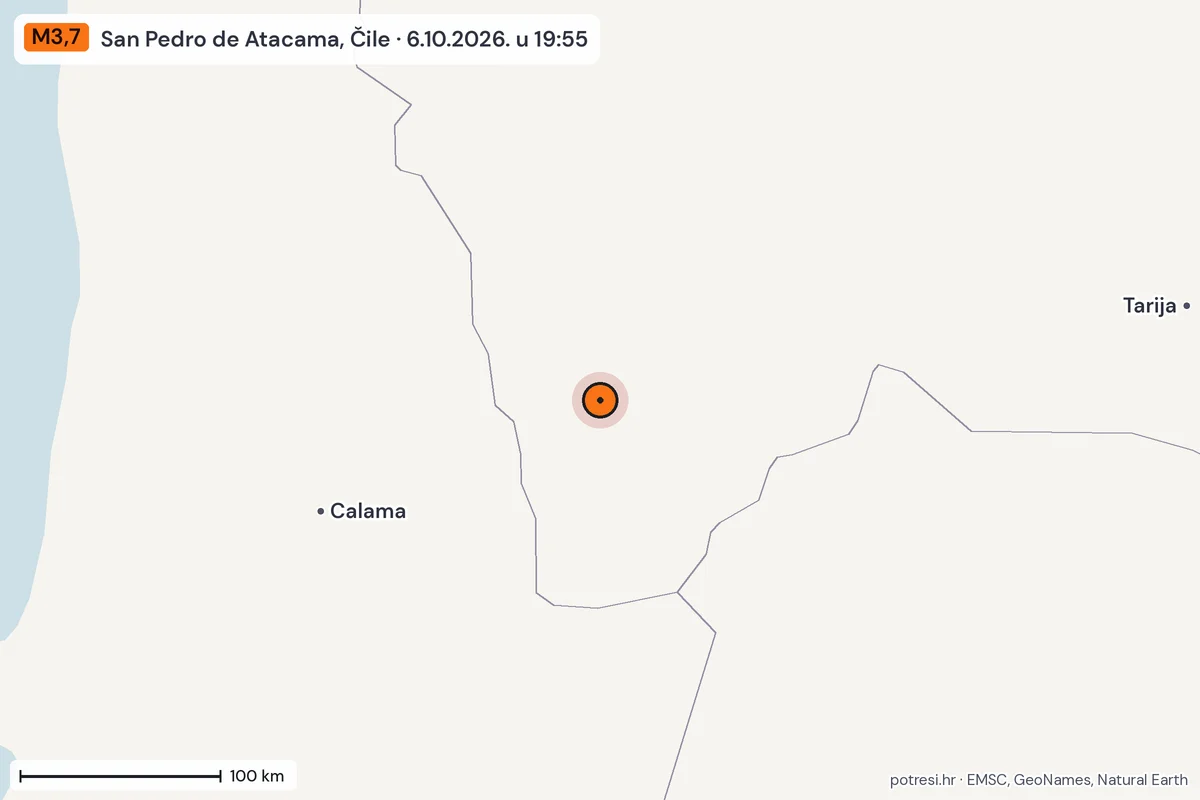 Karta: šire područje, 600 km, potres M3,7, San Pedro de Atacama, Čile, 6.10.2026.