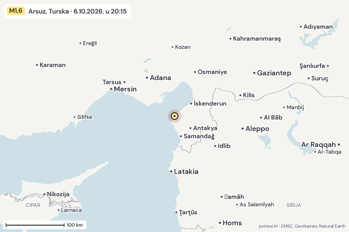 Karta: šire područje, 600 km, potres M1,6, Arsuz, Turska, 6.10.2026.