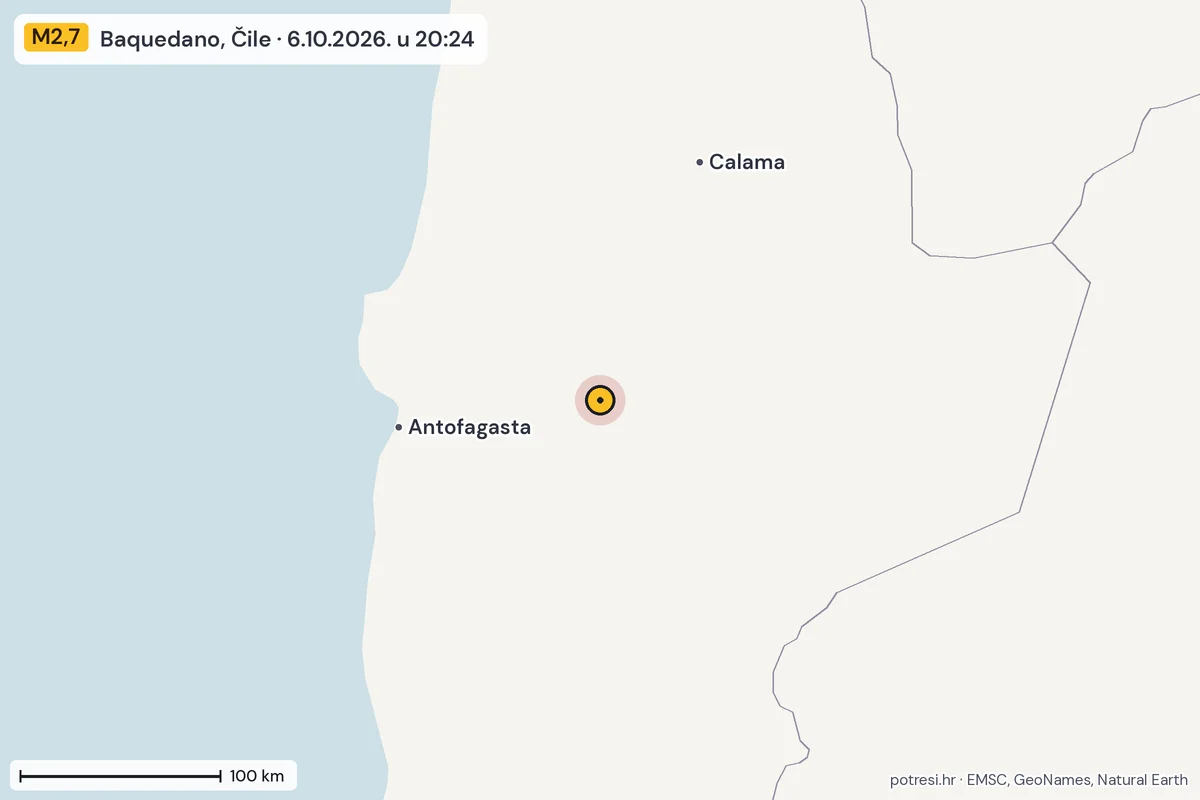 Karta: šire područje, 600 km, potres M2,7, Baquedano, Čile, 6.10.2026.