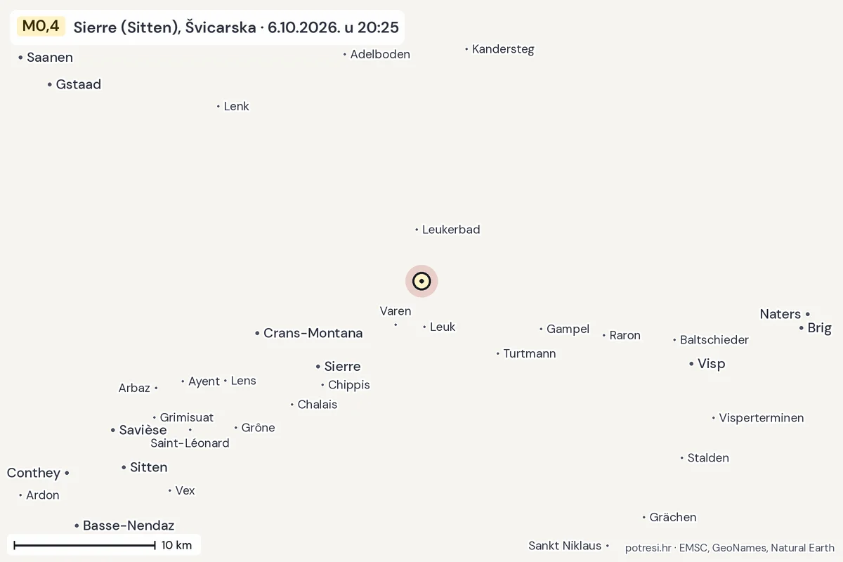 Karta: okolica epicentra, 60 km, potres M0,4, Sierre (Sitten), Švicarska, 6.10.2026.