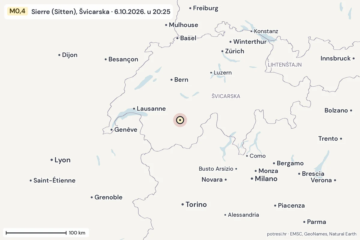Karta: šire područje, 600 km, potres M0,4, Sierre (Sitten), Švicarska, 6.10.2026.