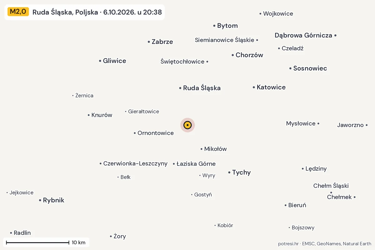 Karta: okolica epicentra, 60 km, potres M2,0, Ruda Śląska, Poljska, 6.10.2026.