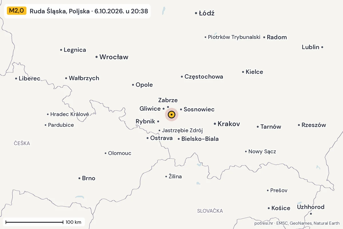 Karta: šire područje, 600 km, potres M2,0, Ruda Śląska, Poljska, 6.10.2026.