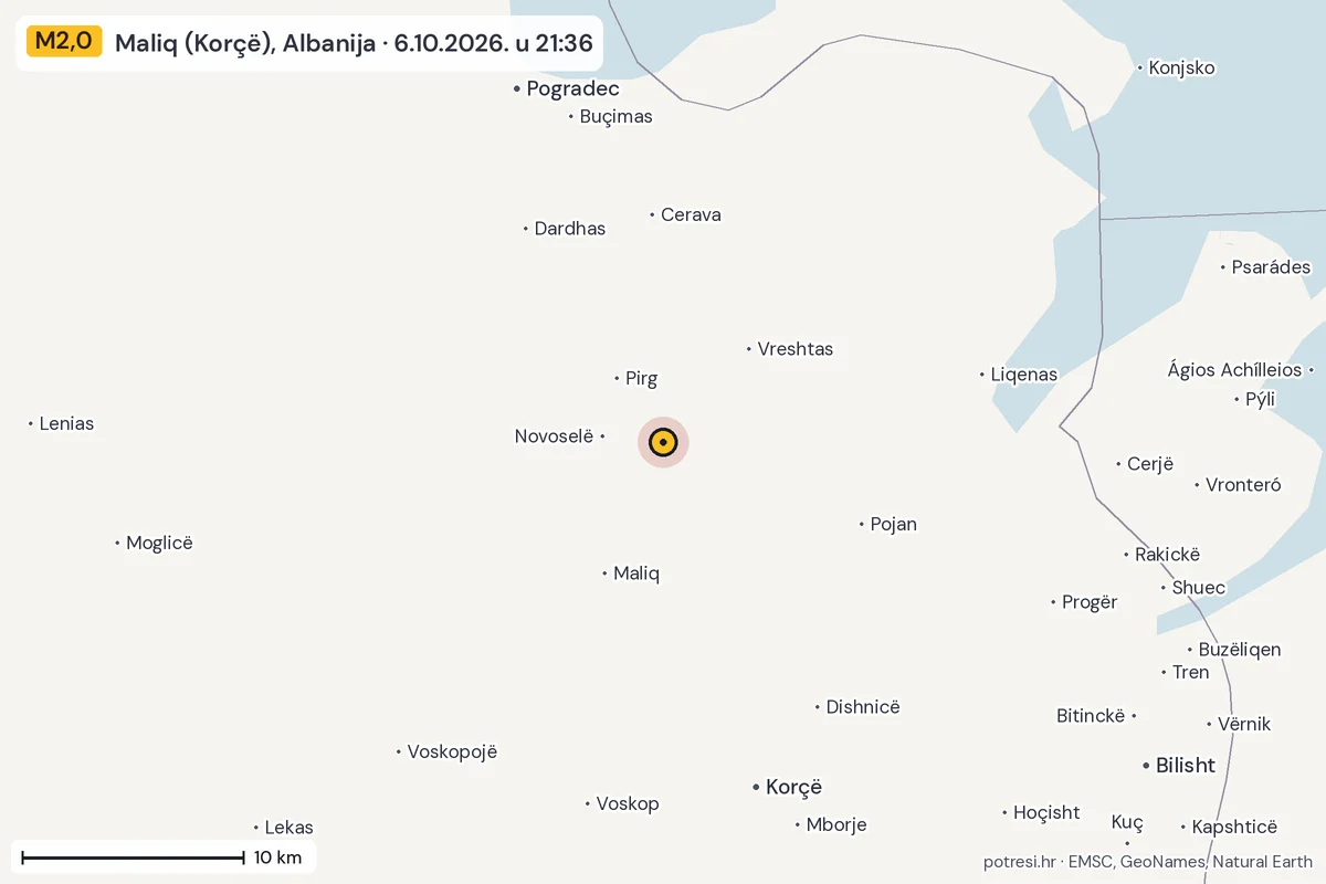 Karta: okolica epicentra, 60 km, potres M2,0, Maliq (Korçë), Albanija, 6.10.2026.