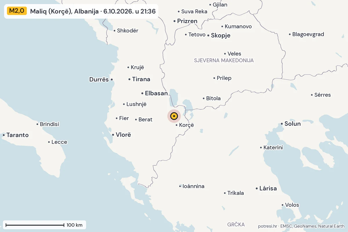 Karta: šire područje, 600 km, potres M2,0, Maliq (Korçë), Albanija, 6.10.2026.