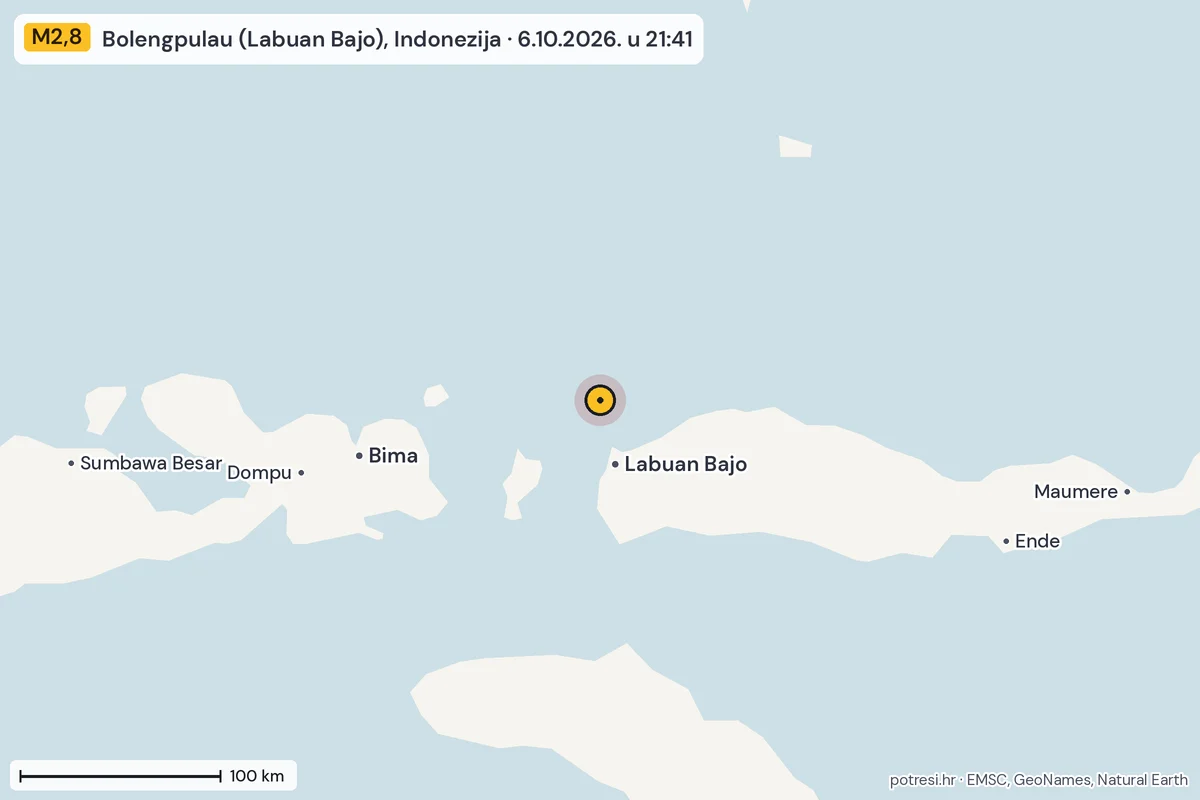 Karta: šire područje, 600 km, potres M2,8, Bolengpulau (Labuan Bajo), Indonezija, 6.10.2026.