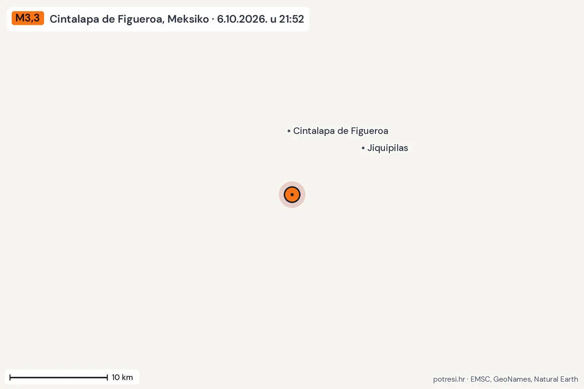 Karta: okolica epicentra, 60 km, potres M3,3, Cintalapa de Figueroa, Meksiko, 6.10.2026.