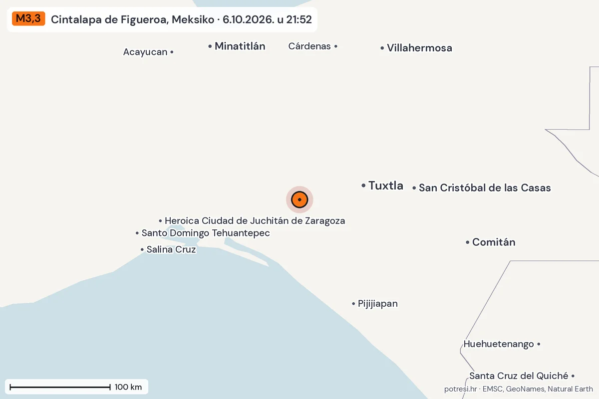 Karta: šire područje, 600 km, potres M3,3, Cintalapa de Figueroa, Meksiko, 6.10.2026.