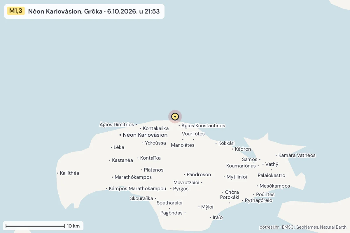 Karta: okolica epicentra, 60 km, potres M1,3, Néon Karlovásion, Grčka, 6.10.2026.