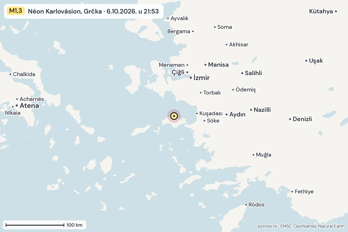 Karta: šire područje, 600 km, potres M1,3, Néon Karlovásion, Grčka, 6.10.2026.
