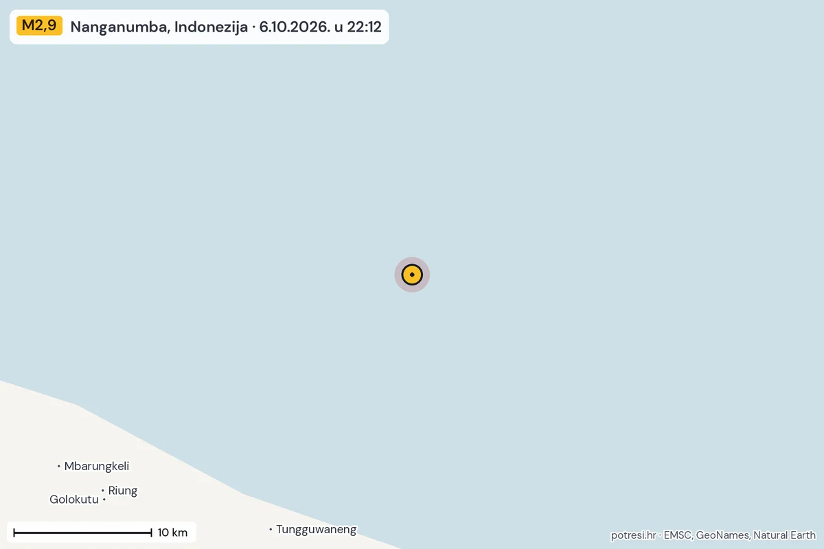 Karta: okolica epicentra, 60 km, potres M2,9, Nanganumba, Indonezija, 6.10.2026.