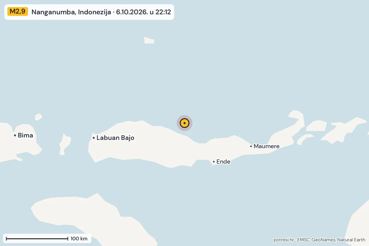 Karta: šire područje, 600 km, potres M2,9, Nanganumba, Indonezija, 6.10.2026.