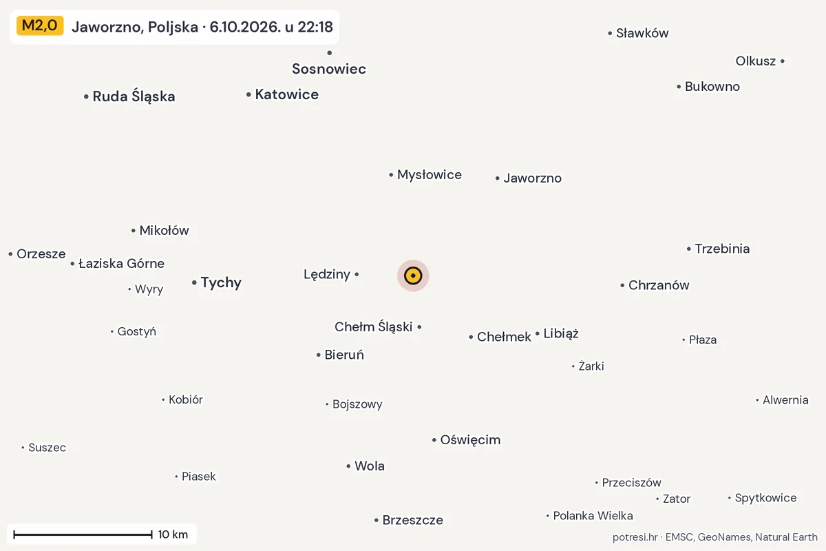 Karta: okolica epicentra, 60 km, potres M2,0, Jaworzno, Poljska, 6.10.2026.
