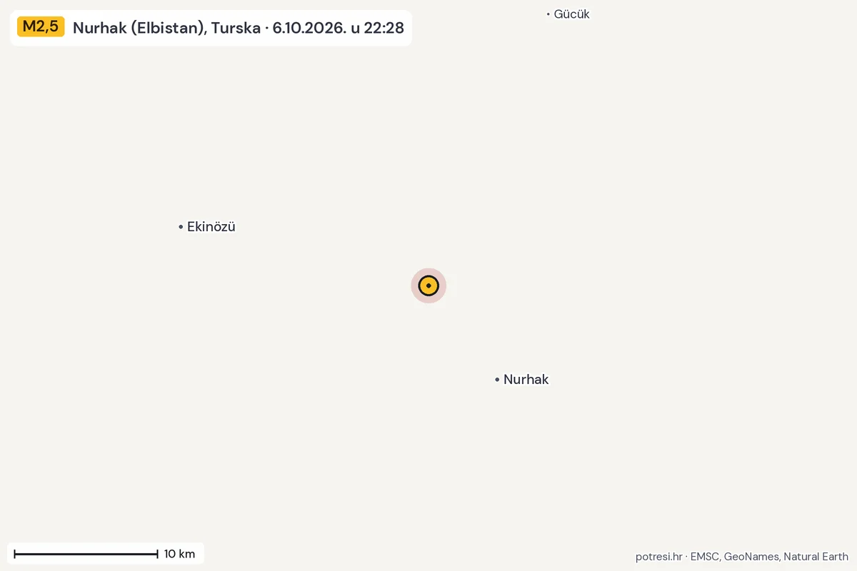 Karta: okolica epicentra, 60 km, potres M2,5, Nurhak (Elbistan), Turska, 6.10.2026.