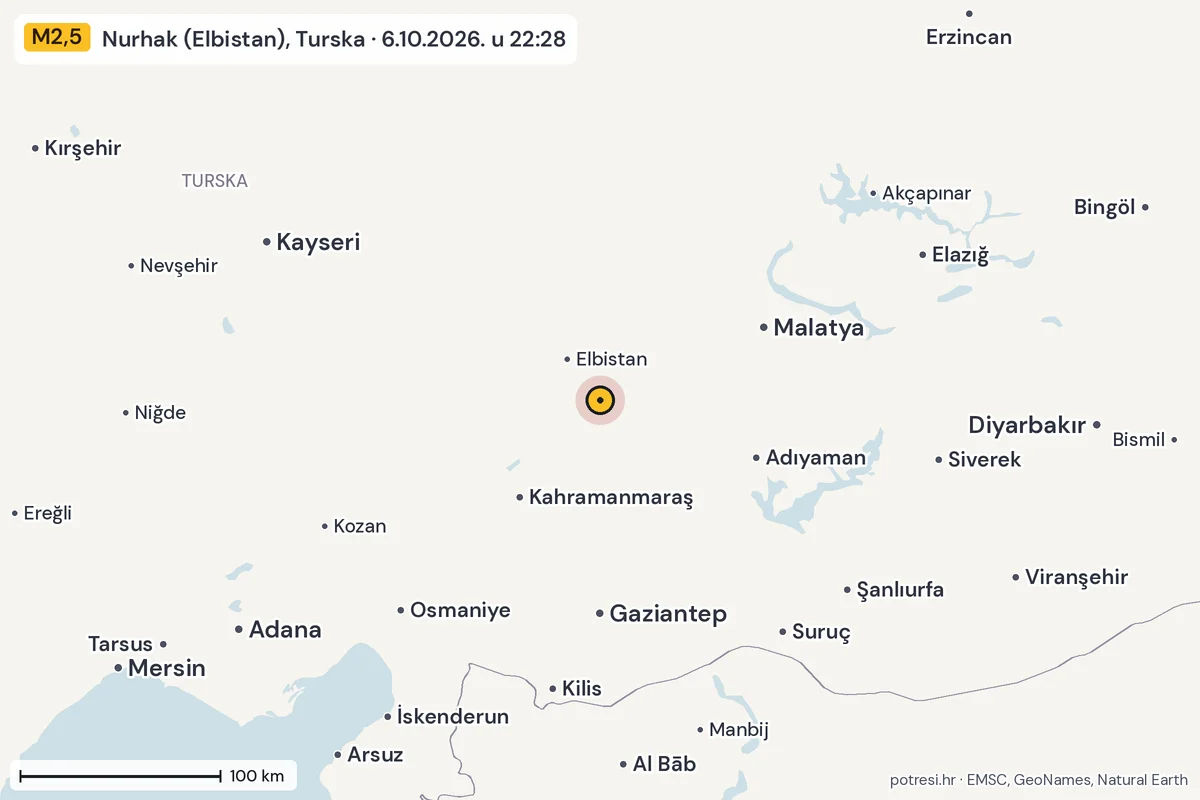 Karta: šire područje, 600 km, potres M2,5, Nurhak (Elbistan), Turska, 6.10.2026.