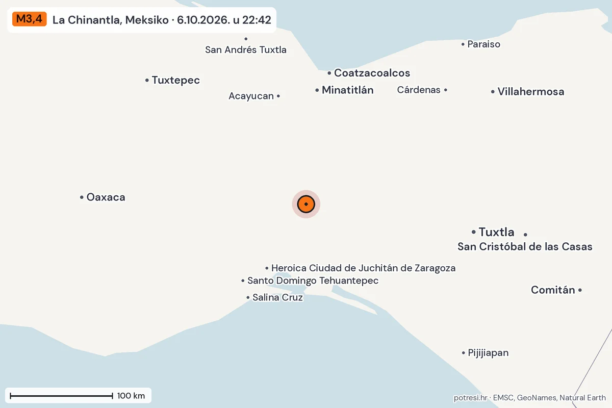 Karta: šire područje, 600 km, potres M3,4, La Chinantla, Meksiko, 6.10.2026.