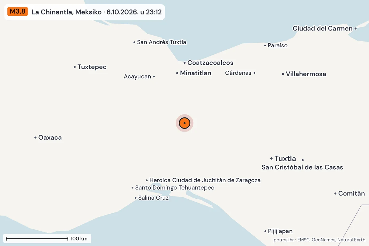Karta: šire područje, 600 km, potres M3,8, La Chinantla, Meksiko, 6.10.2026.