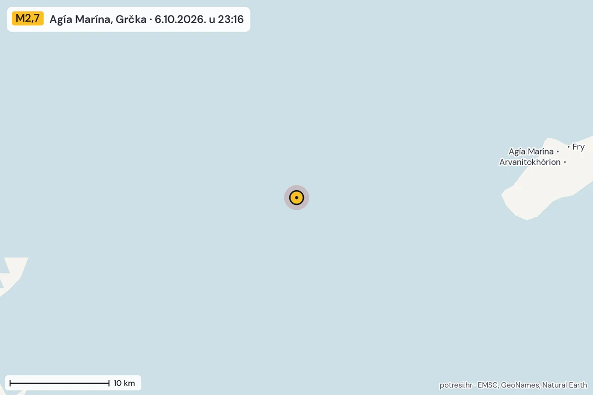 Karta: okolica epicentra, 60 km, potres M2,7, Agía Marína, Grčka, 6.10.2026.