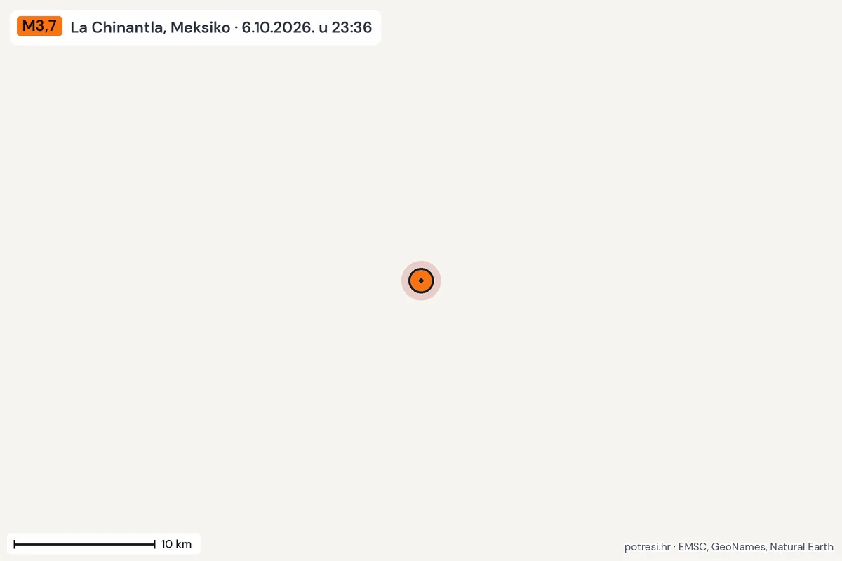Karta: okolica epicentra, 60 km, potres M3,7, La Chinantla, Meksiko, 6.10.2026.