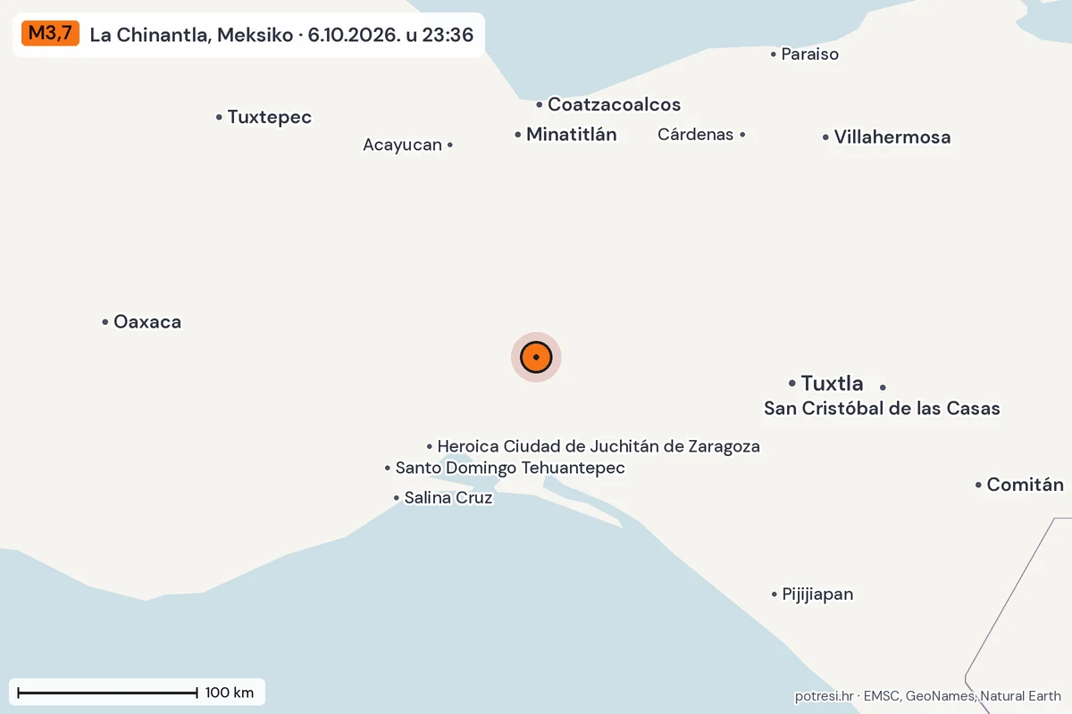 Karta: šire područje, 600 km, potres M3,7, La Chinantla, Meksiko, 6.10.2026.
