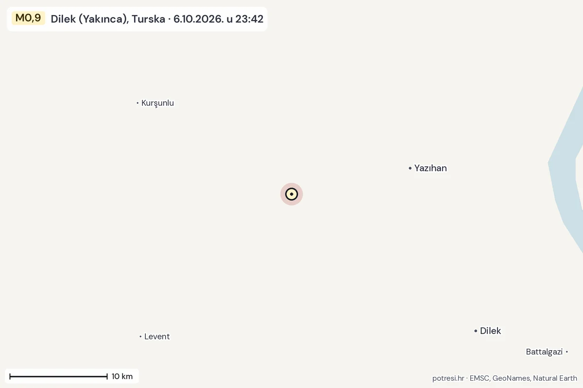 Karta: okolica epicentra, 60 km, potres M0,9, Dilek (Yakınca), Turska, 6.10.2026.