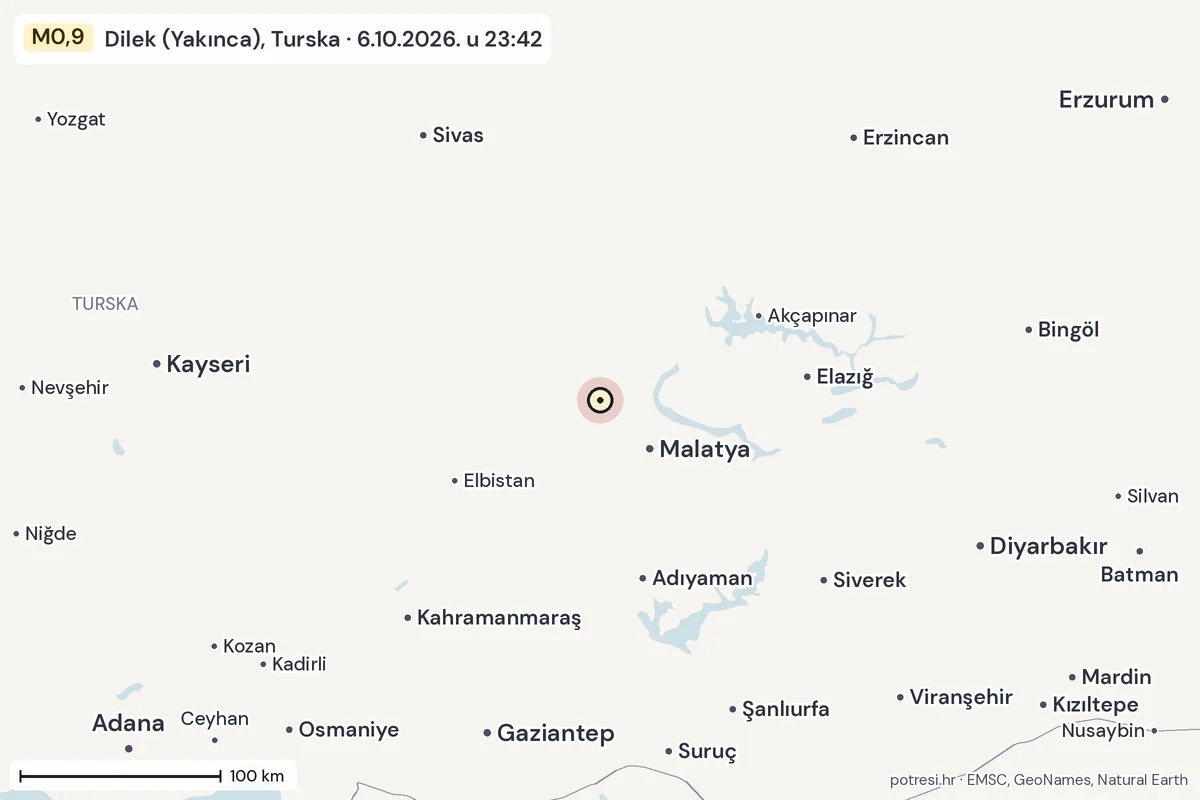 Karta: šire područje, 600 km, potres M0,9, Dilek (Yakınca), Turska, 6.10.2026.