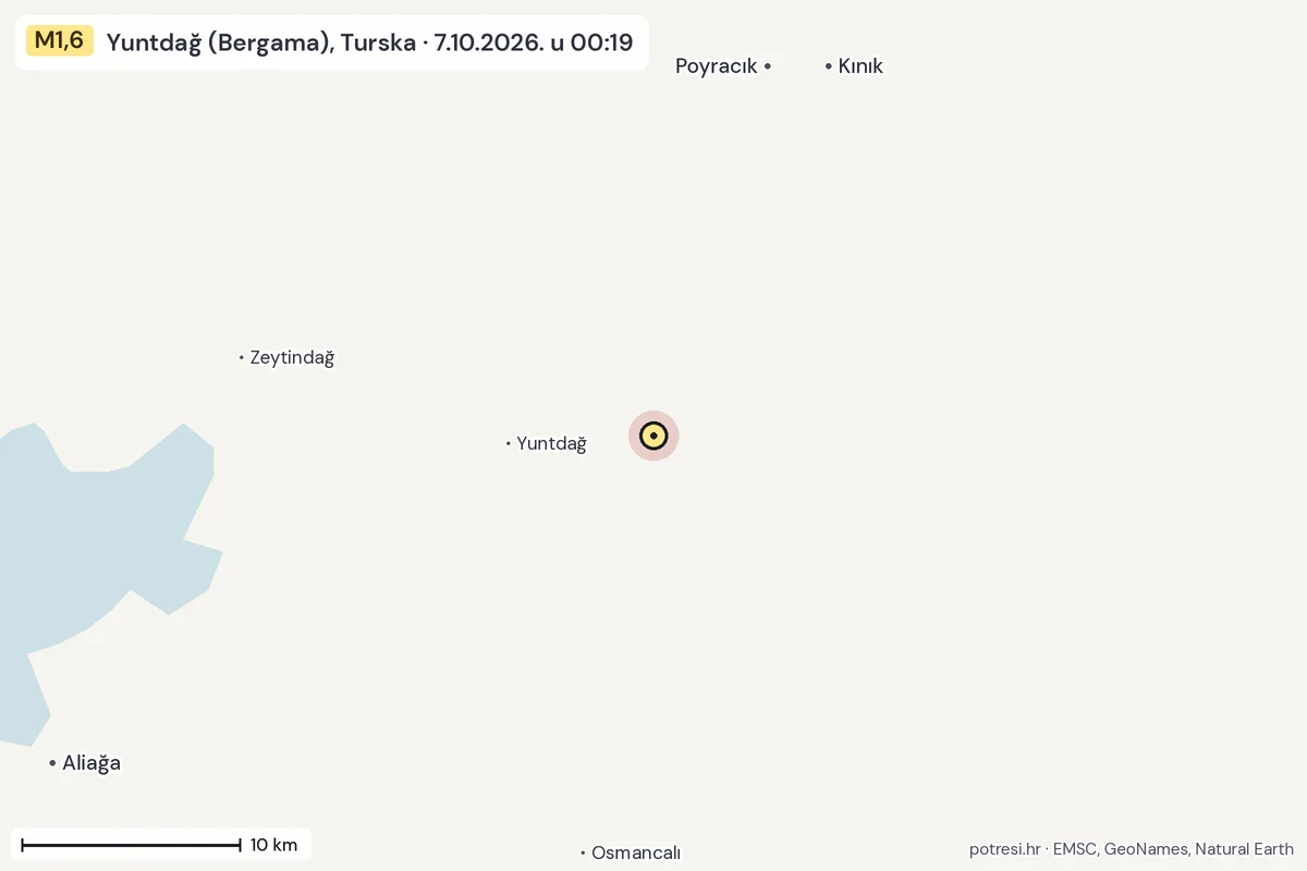 Karta: okolica epicentra, 60 km, potres M1,6, Yuntdağ (Bergama), Turska, 7.10.2026.