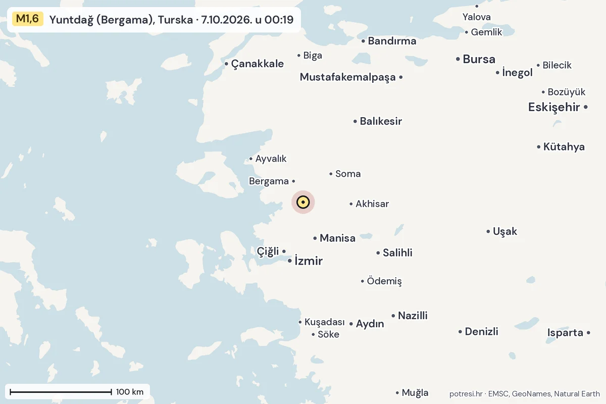 Karta: šire područje, 600 km, potres M1,6, Yuntdağ (Bergama), Turska, 7.10.2026.