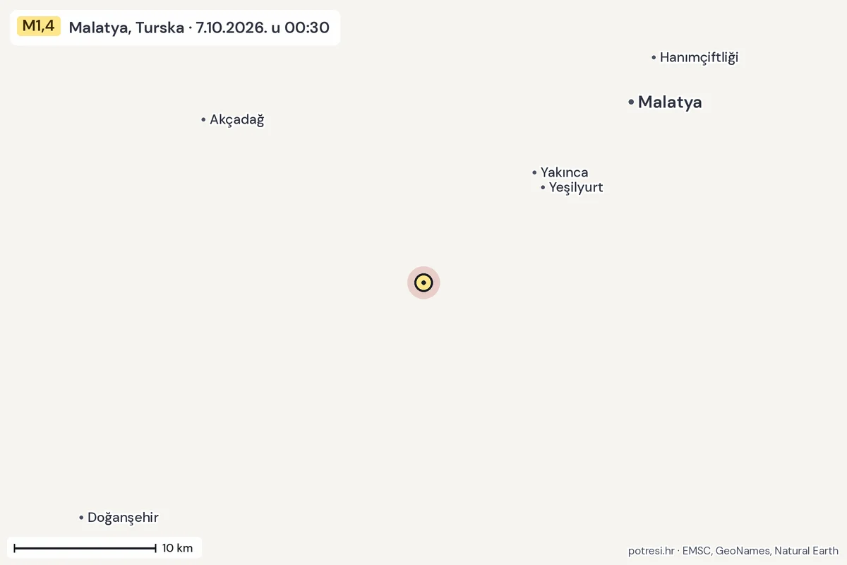Karta: okolica epicentra, 60 km, potres M1,4, Malatya, Turska, 7.10.2026.