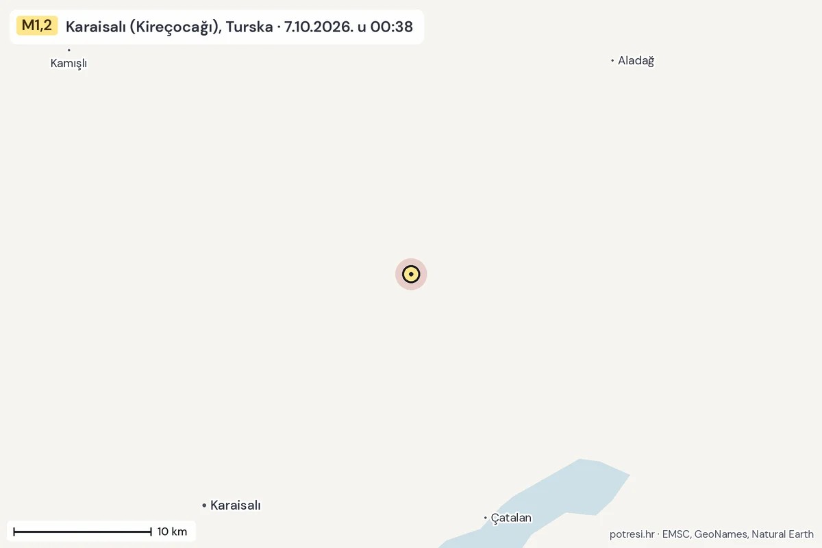 Karta: okolica epicentra, 60 km, potres M1,2, Karaisalı (Kireçocağı), Turska, 7.10.2026.