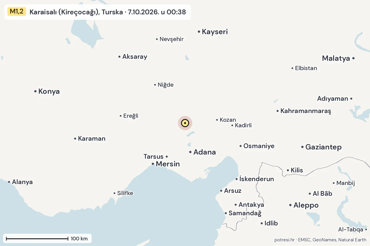 Karta: šire područje, 600 km, potres M1,2, Karaisalı (Kireçocağı), Turska, 7.10.2026.