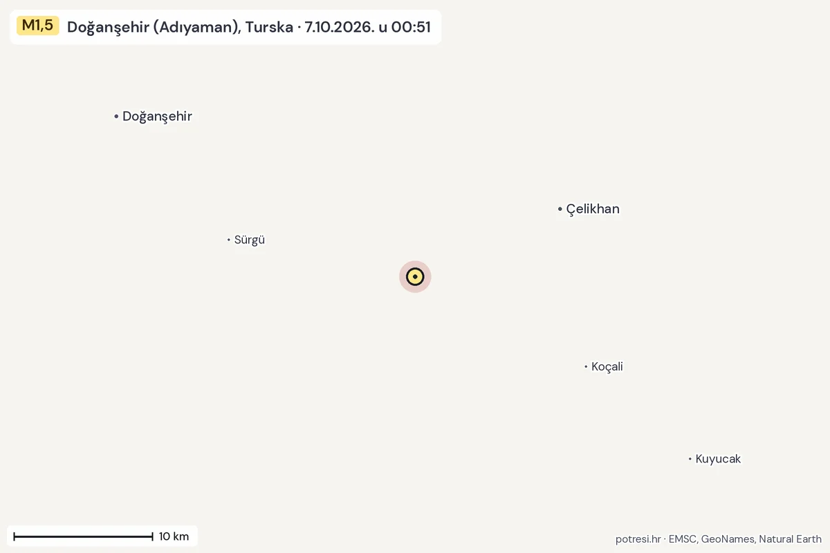Karta: okolica epicentra, 60 km, potres M1,5, Doğanşehir (Adıyaman), Turska, 7.10.2026.