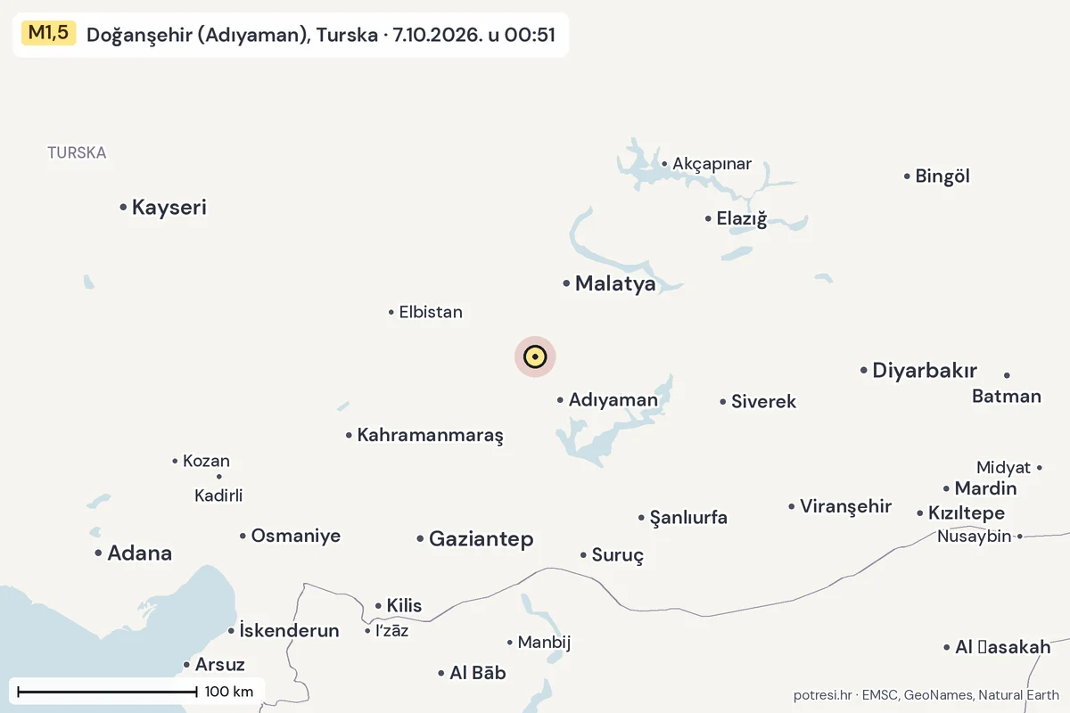 Karta: šire područje, 600 km, potres M1,5, Doğanşehir (Adıyaman), Turska, 7.10.2026.